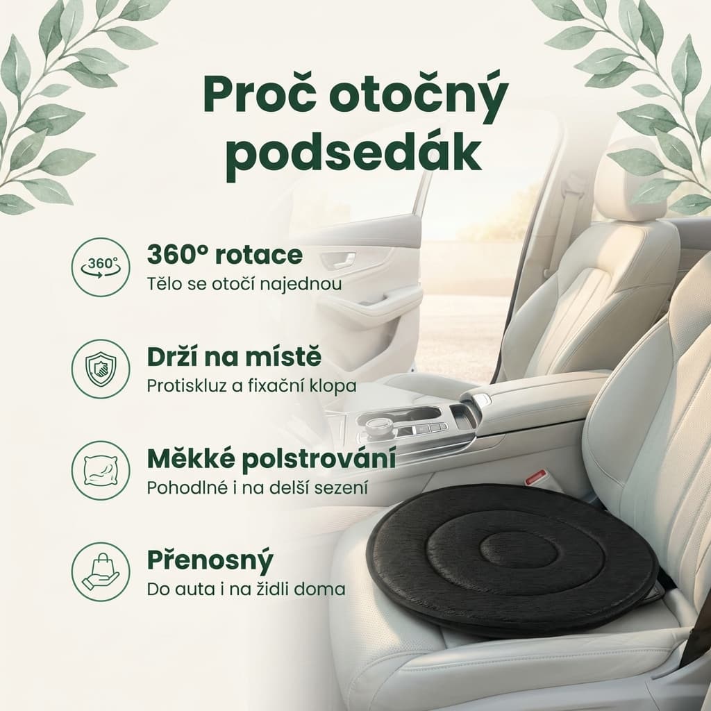 Otočný podsedák do auta – 360° rotace, protiskluz, měkké polstrování